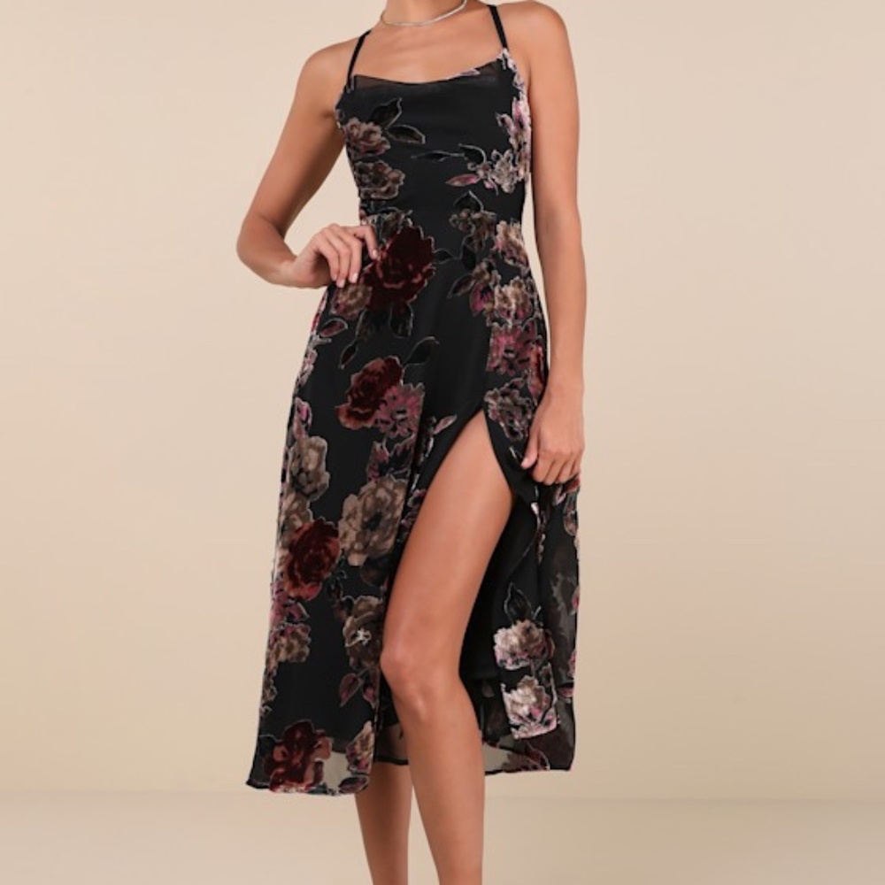 Lulus Exuberant Vibes Black Floral Velvet Burnout Tie-back Midi Dress - Size M